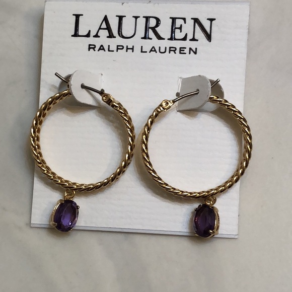 Lauren Ralph Lauren Gold Tone Chain Link Hoop Earrings Purple Crystal Charm NWT - Picture 9 of 12
